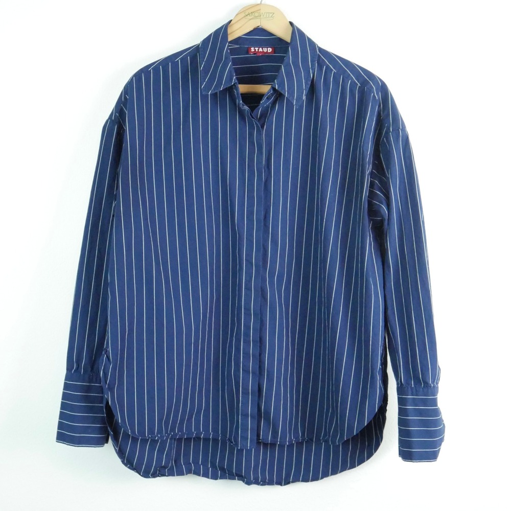 STAUD Navy Blue White Pinstripe Cotton Button Down Shirt Small Oversized Minimal